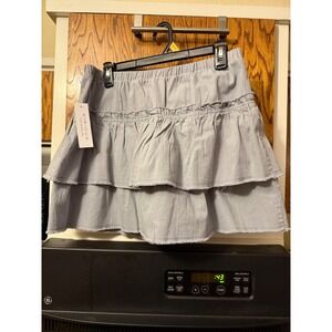 Kurious LA Tiered Ruffle Mini Skirt Light Blue Cotton Distressed‎ Hem Size L